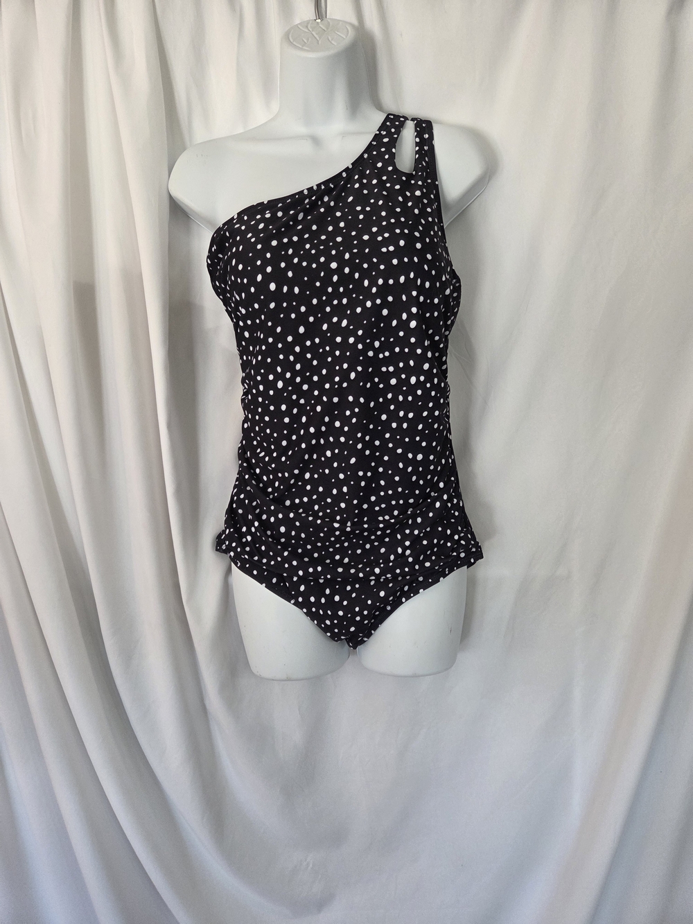Holipick Ruched One Shoulder One Piece Black With Polka Dots Size XL